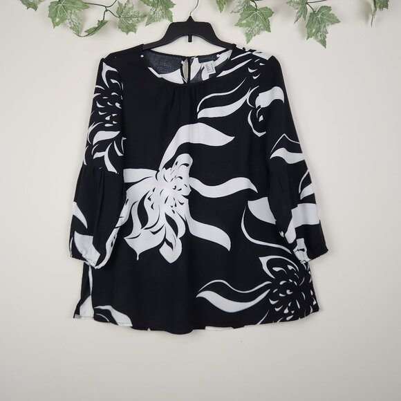 Creation L Tops - Creation L USA Size 12 Black White Floral Artsy Long Sleeve Top Blouse